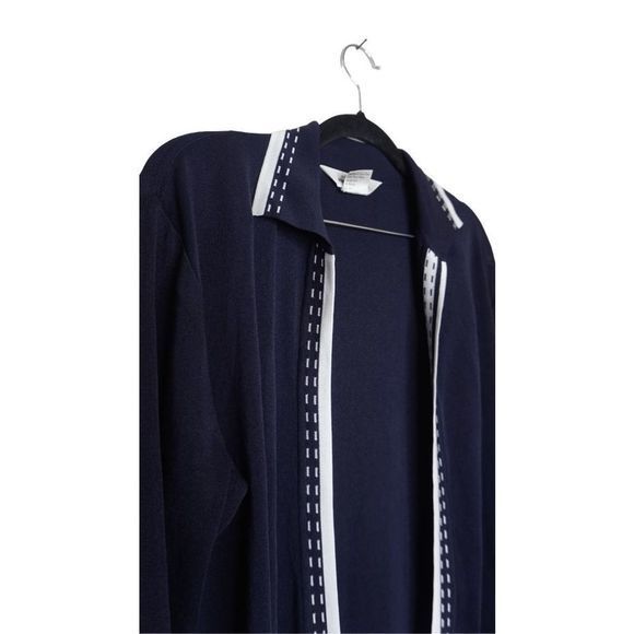 Exclusively Misook Size XS Navy Blue White‎ Trim Open Front Knit Cardigan Jacket - Picture 5 of 7
